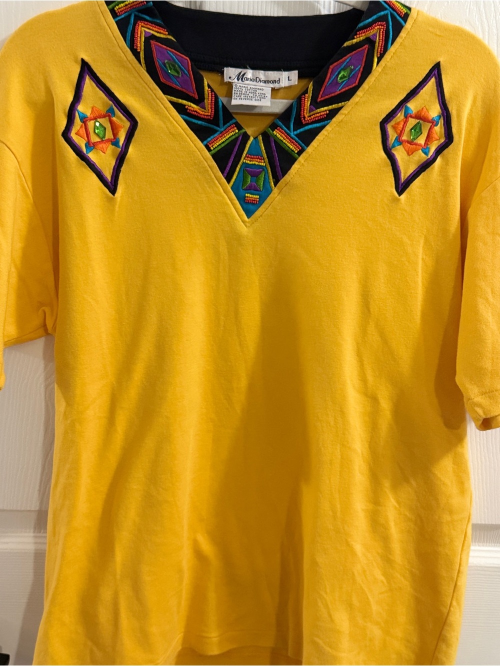 Vintage Marie Diamond Top L Yellow Southwestern Beaded Embroidered V Neck